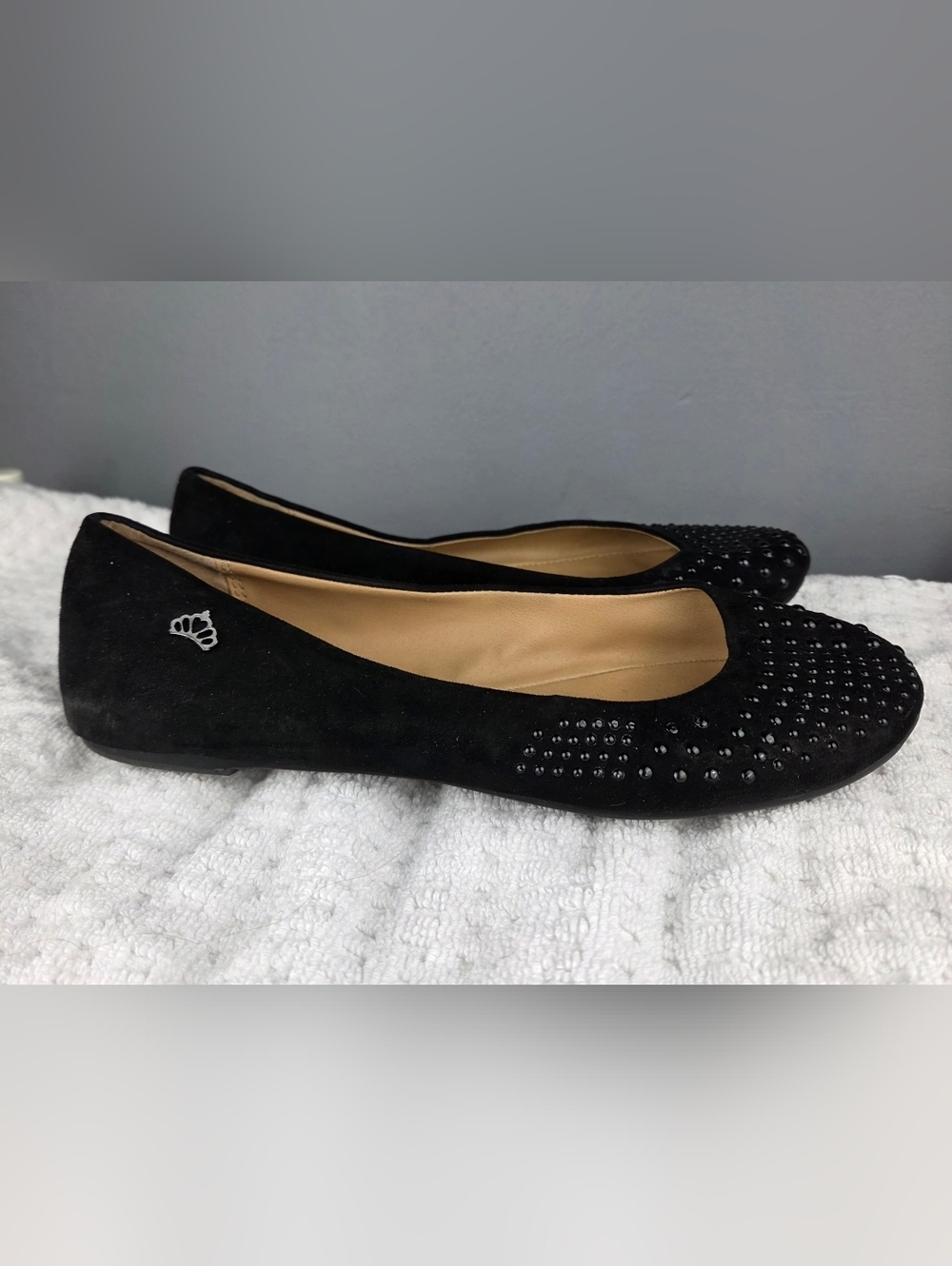 Fergalicious Black Suede Crystal-Embellished Ballet Flats
